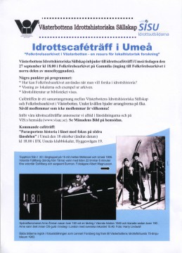 Affisch. Idrottscafé på Folkrörelsearkivet i Västerbotten, på Gammlia, den 27/9 kl. 18.00 Gratis inträde och fika!